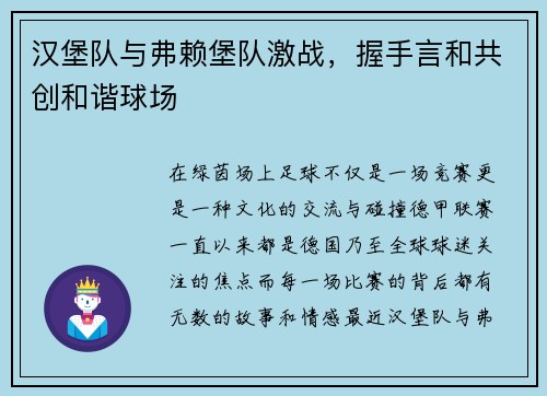 汉堡队与弗赖堡队激战，握手言和共创和谐球场